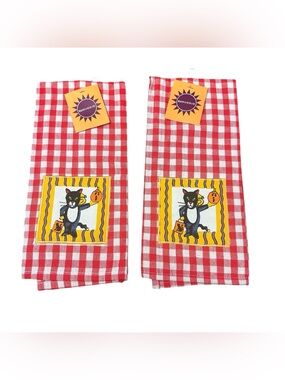 Sunweave Halloween Black Cat Gingham Kitchen Towels Set of 2 NWT Cotton